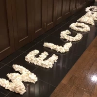 披露宴会場前。花で文字が描けます。