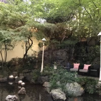 池の向こうの椅子がフォトスポットです