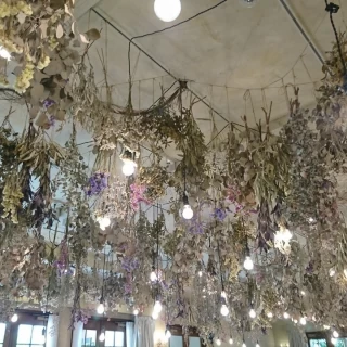 ドライフラワーと電球が会場全体の天井につらされています！