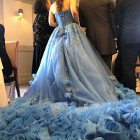 青いドレスの後ろにはバラが付いています
