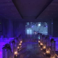正面のカーテンをスクリーン代わりにして映像を流せます