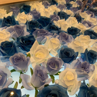 チャペルの床に青と白のバラがバランスよく敷かれています。