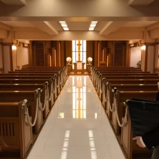 挙式会場。日光はあまり入らなそうだった。