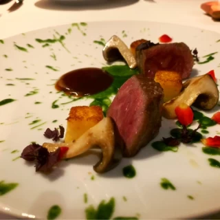 芸術的な飾り付けで美味しいメイン料理(牛肉)