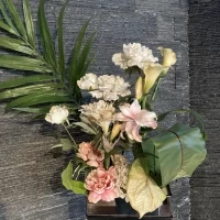 牧師さんの台の横にある装花(造花