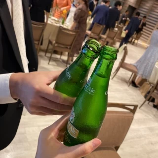 コロナ対策で、ジンジャエール瓶での乾杯にしました。