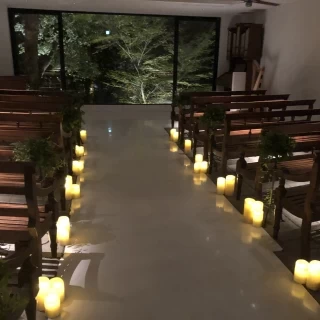 窓の後ろの緑がドレスを際立たせます。