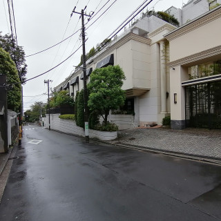 正面門前の道路。住宅街の一角にあります。