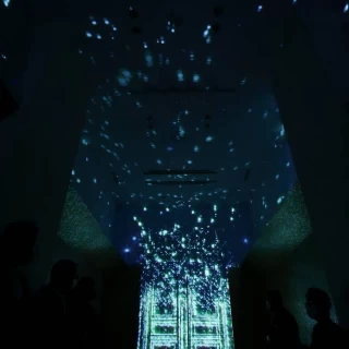 プロジェクションマッピングの扉を出るとフラワーシャワー