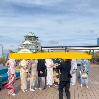 ウェルカムパーティーは屋上で、大阪城をバックに写真撮れます！