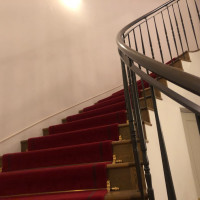 エレベーター横の階段。赤絨毯で、こちらで写真を撮っても素敵。
