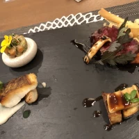 サーモンのタルタル、茄子にフォアグラのせ、牛フィレ肉ステーキ