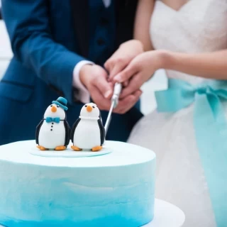 コースタルケーキに特別に注文したペンギントッパーをつけました