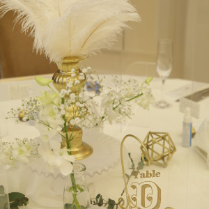 ゲストテーブルももちろんこだわりを！お花、羽以外DIY！！|625317さんのピアザ ララ ルーチェの写真(1537439)