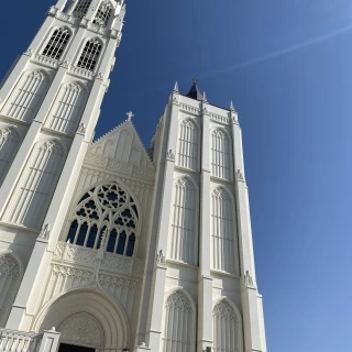 白いお城のような建物をバックにフラワーシャワーとブーケトス！
