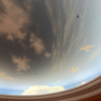 チャペルを出たスペースの天井。空と鳥の絵が描かれている。