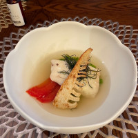 真鯛と春野菜のヴァプール　海苔と出汁餡のソース