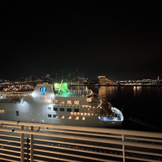 テラス横に船がついた時の1枚。夜景が素敵でした。