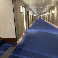 披露宴までの通路。青い絨毯が続く