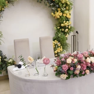 高砂（ピンク系のお花を選びました）黄色いリースはデフォです