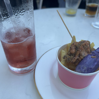 牛カツ、ポテト、なす、カシスソーダ