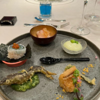 カルパッチョ、フリット、ムース、鳴戸巻き、小鮎の磯辺揚げ