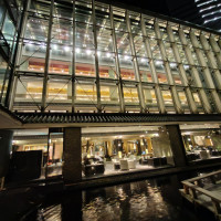 滝のある中庭の夜の景色
