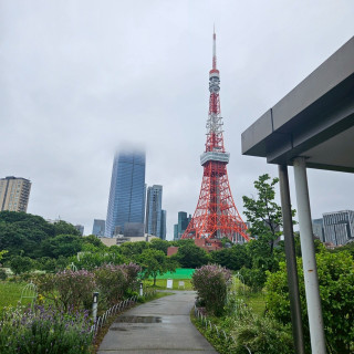 やや曇っていましたが、神殿横の庭から東京タワーが見えました。