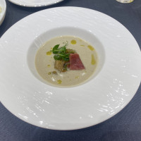 冷製ナスブルーテ　生姜のコンフィチュールと生ハム添え