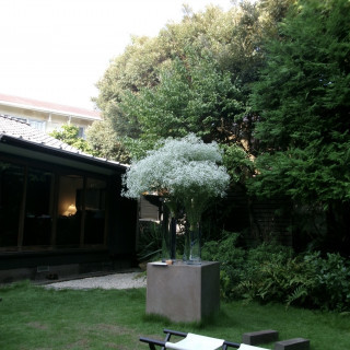 ガーデン装花。大きなカスミソウの前で人前式を行いました。