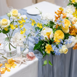 新婦(黄色オレンジ)と新郎(海イメージ)の合体作です|765136さんのアーククラブ迎賓館(新潟)/テイクアンドギヴ・ニーズウェディングの写真(2508278)