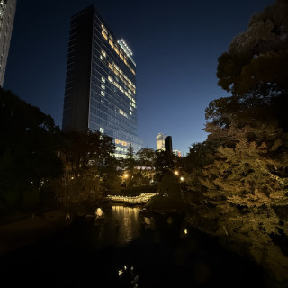 夜は池にかかる橋がライトアップされます。
大都会×日本庭園