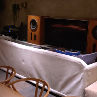 一流のテレビ、スピーカー。ソファーの質感。