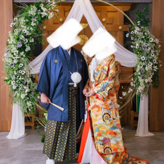 前撮りで人前式の会場で写真を撮りました