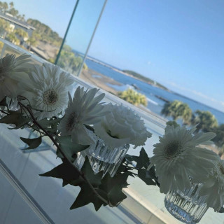 結婚証明書にサインをするガラス張りの机