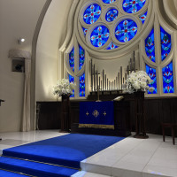 綺麗な青色のバージンロードに感動しました！