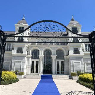 白いお城の様な外観と、ヨーロッパ調の門、青いカーペットです。