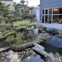 庭園の様子。鯉が池に泳いでいた。奥に見えるのが披露宴会場。