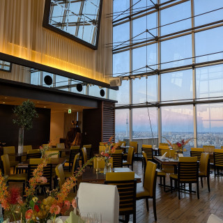 窓から東京の景色と青空が見えます