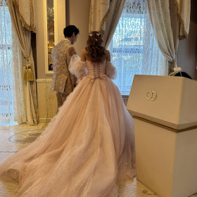 披露宴会場の司会者の近く、ドレス後ろ姿